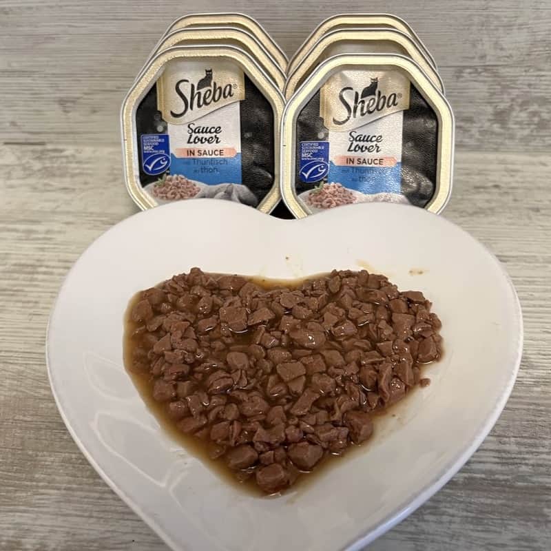 Sheba Sauce Lover im Test mit Schalen und Futter auf Herzteller