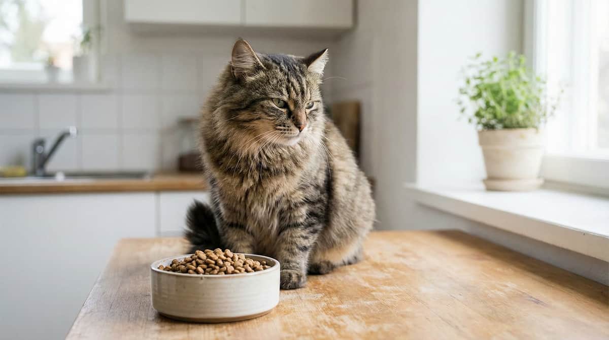 Katze vor Trockenfutter-Schüssel