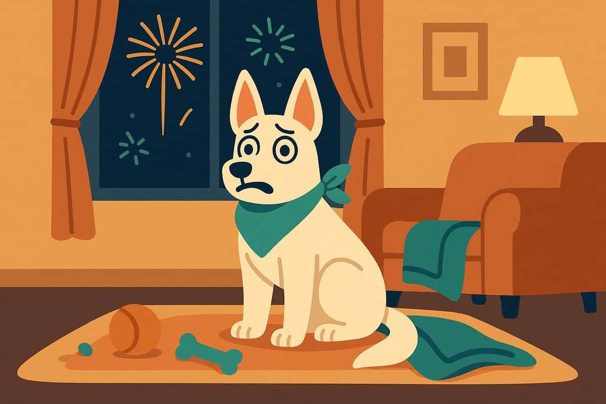 Ein ängstlicher Hund mit Bandana sitzt im Wohnzimmer, während draußen Feuerwerk leuchtet.