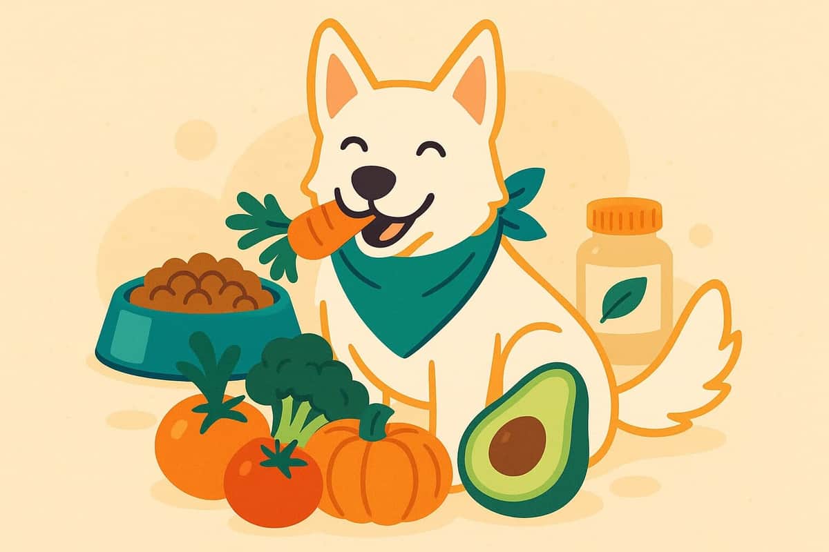 Illustration eines glücklichen weißen Hundes mit spitzen Ohren, der veganes Hundefutter frisst, umgeben von buntem Gemüse und Obst.