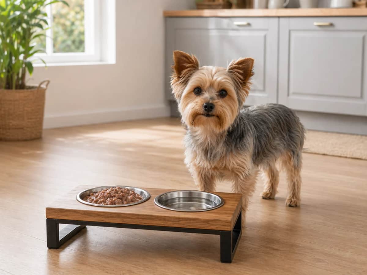 Kleiner Yorkshire Terrier steht in einer hellen Küche neben einer niedrigen Futterstation mit Nassfutter und Wasser.
