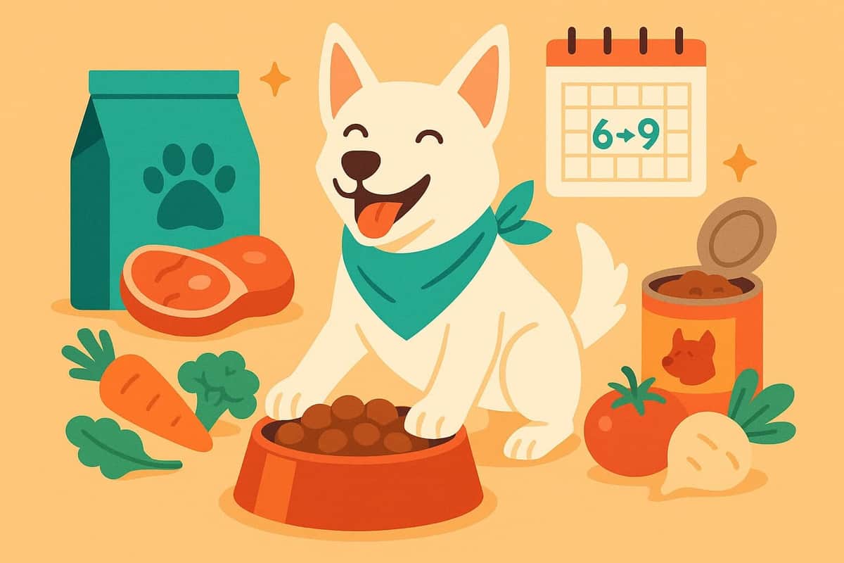 Ein fröhlicher Hund mit spitzen Ohren und einem türkisfarbenen Bandana spielt mit Futter, umgeben von frischem Gemüse und Fleisch.