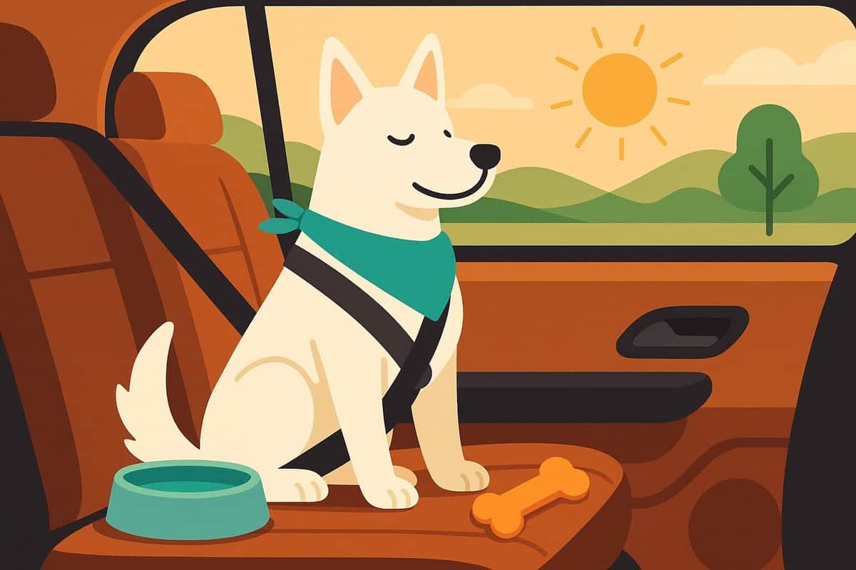 Ein weißer Hund mit spitzen Ohren sitzt im Auto, gesichert mit einem Hundegurt, während die Landschaft vorbeizieht.